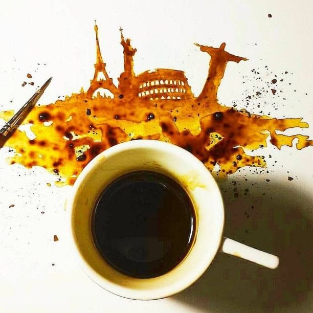 Творчество из кофе: мужчина рисует звёзд и города зёрнами бодрящего напитка